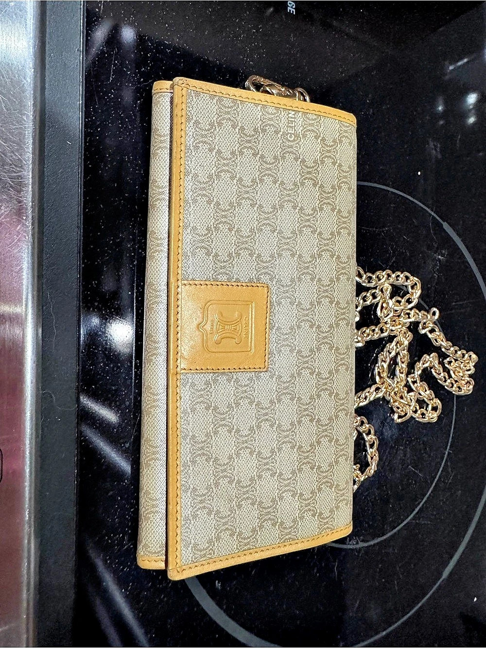 Celine Macadam Monogram Chain Wallet in Brown & Cream